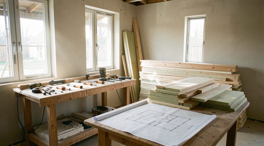 Maison en chantier bien organisée avec outils rangés, plans et matériaux empilés, éclairage naturel réaliste et ambiance de chantier.
