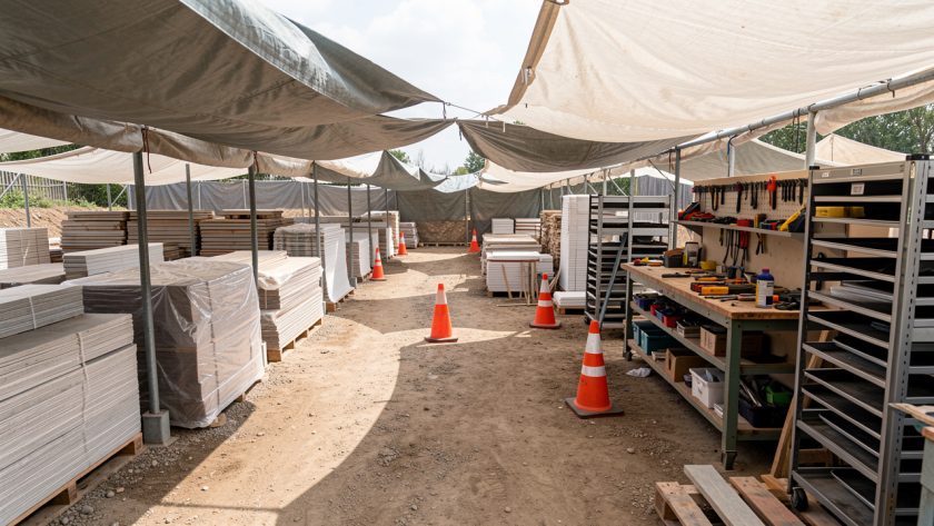 Chantier extérieur bien organisé, avec zones distinctes, matériaux protégés sous bâches et outils rangés, ambiance professionnelle sous lumière naturelle.