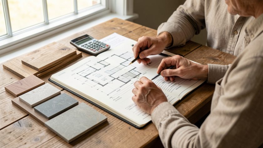 Couple autour d’une table de travail avec des devis, une calculatrice, des plans de maison et des échantillons de matériaux, éclairage naturel et ambiance réaliste.