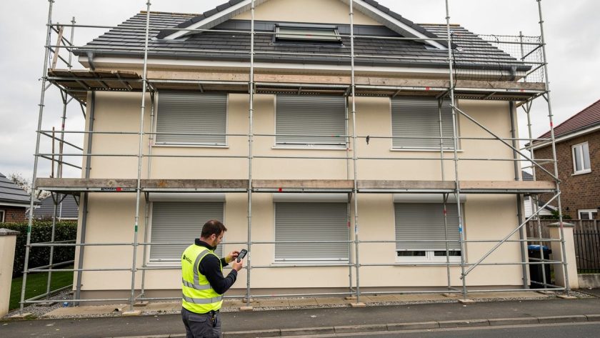 Façade d’une maison en rénovation avec échafaudage, volets roulants motorisés fermés et artisan contrôlant une télécommande.