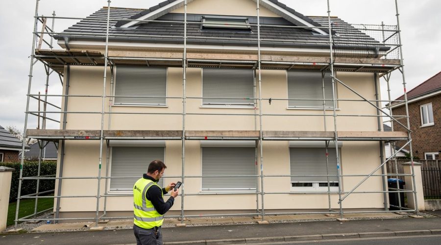Façade d’une maison en rénovation avec échafaudage, volets roulants motorisés fermés et artisan contrôlant une télécommande.