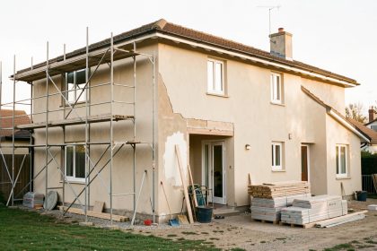 Maison individuelle en rénovation avec une façade partiellement restaurée, un échafaudage discret, des outils de chantier et une lumière naturelle.