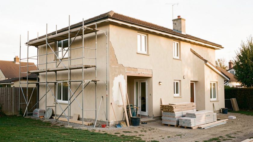 Maison individuelle en rénovation avec une façade partiellement restaurée, un échafaudage discret, des outils de chantier et une lumière naturelle.