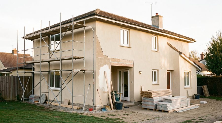 Maison individuelle en rénovation avec une façade partiellement restaurée, un échafaudage discret, des outils de chantier et une lumière naturelle.