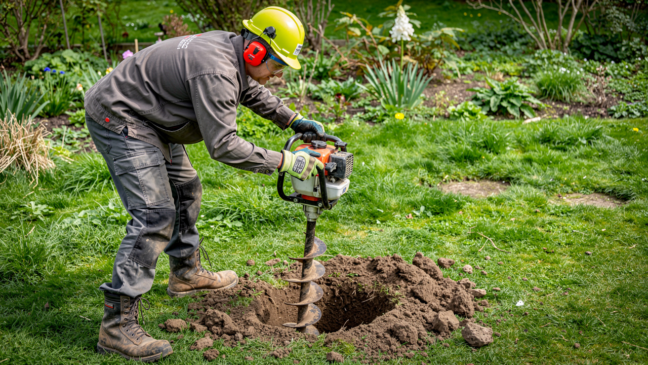 Un artisan portant des équipements de protection utilise une tarière thermique à deux poignées pour creuser un trou de poteau dans un jardin.