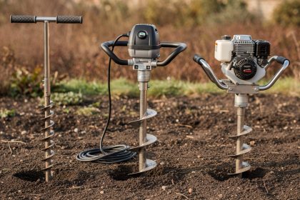 Comparatif visuel de trois tarières de jardin posées côte à côte sur un sol extérieur : un modèle manuel, un modèle électrique avec câble et un modèle thermique.