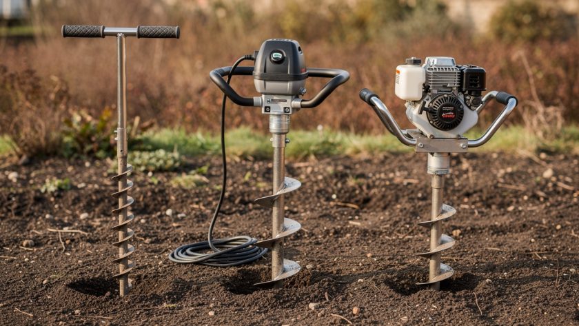 Comparatif visuel de trois tarières de jardin posées côte à côte sur un sol extérieur : un modèle manuel, un modèle électrique avec câble et un modèle thermique.