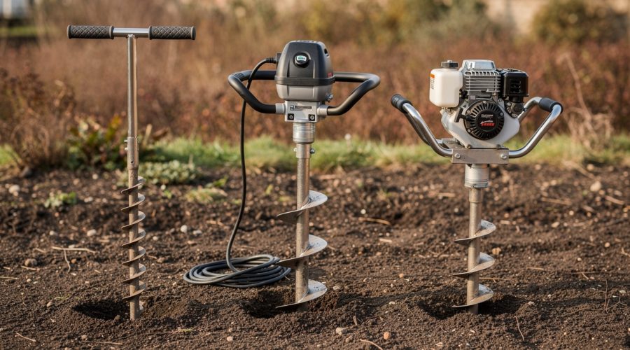 Comparatif visuel de trois tarières de jardin posées côte à côte sur un sol extérieur : un modèle manuel, un modèle électrique avec câble et un modèle thermique.