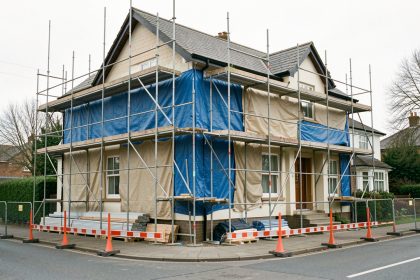 Maison en rénovation extérieure avec échafaudage sécurisé, bâches de protection et zone de chantier soigneusement délimitée.