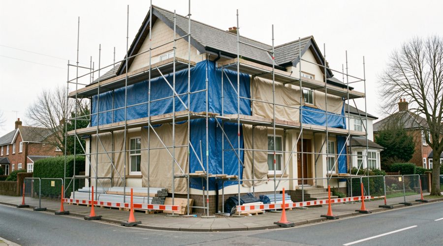 Maison en rénovation extérieure avec échafaudage sécurisé, bâches de protection et zone de chantier soigneusement délimitée.