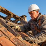 Un couvreur inspecte les tuiles anciennes et la charpente apparente d’une toiture en rénovation sous un ciel bleu dégagé.