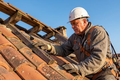 Un couvreur inspecte les tuiles anciennes et la charpente apparente d’une toiture en rénovation sous un ciel bleu dégagé.