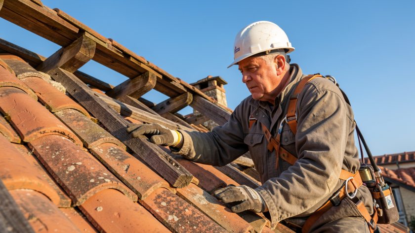 Un couvreur inspecte les tuiles anciennes et la charpente apparente d’une toiture en rénovation sous un ciel bleu dégagé.