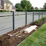 Jardin résidentiel avec une clôture moderne en cours de pose, des poteaux alignés et des outils de bricolage disposés au sol sous une lumière naturelle.
