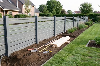 Jardin résidentiel avec une clôture moderne en cours de pose, des poteaux alignés et des outils de bricolage disposés au sol sous une lumière naturelle.