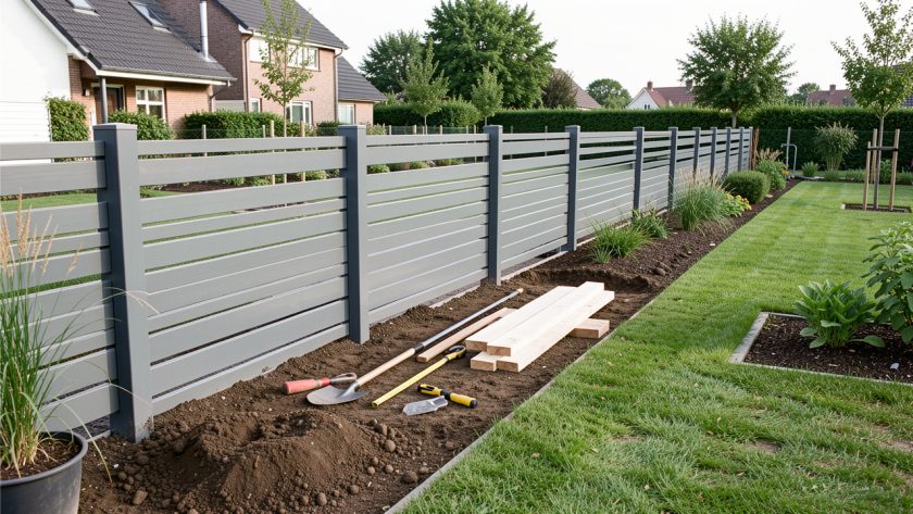Jardin résidentiel avec une clôture moderne en cours de pose, des poteaux alignés et des outils de bricolage disposés au sol sous une lumière naturelle.