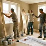 Intérieur d’une maison en rénovation avec deux artisans, des outils, des matériaux et des plans vierges éclairés par la lumière naturelle.