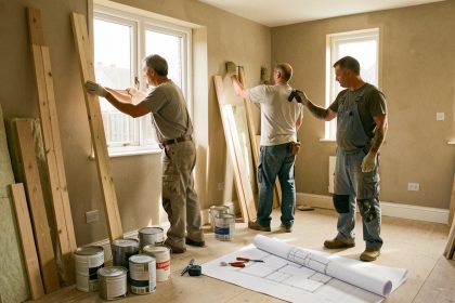 Intérieur d’une maison en rénovation avec deux artisans, des outils, des matériaux et des plans vierges éclairés par la lumière naturelle.