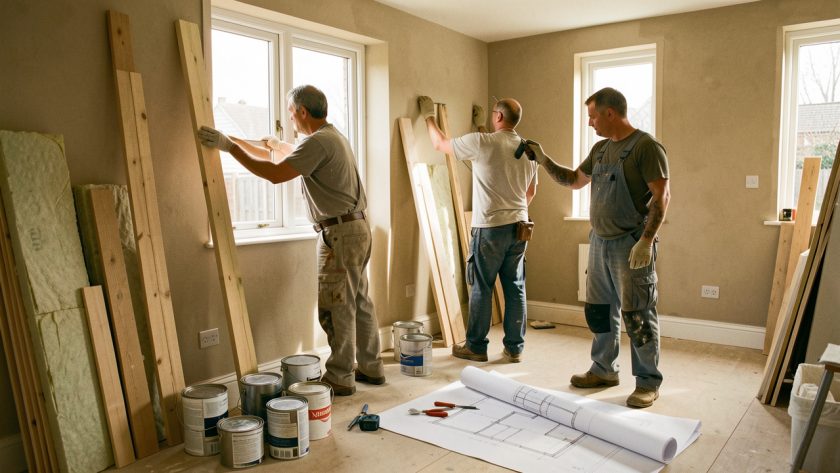 Intérieur d’une maison en rénovation avec deux artisans, des outils, des matériaux et des plans vierges éclairés par la lumière naturelle.