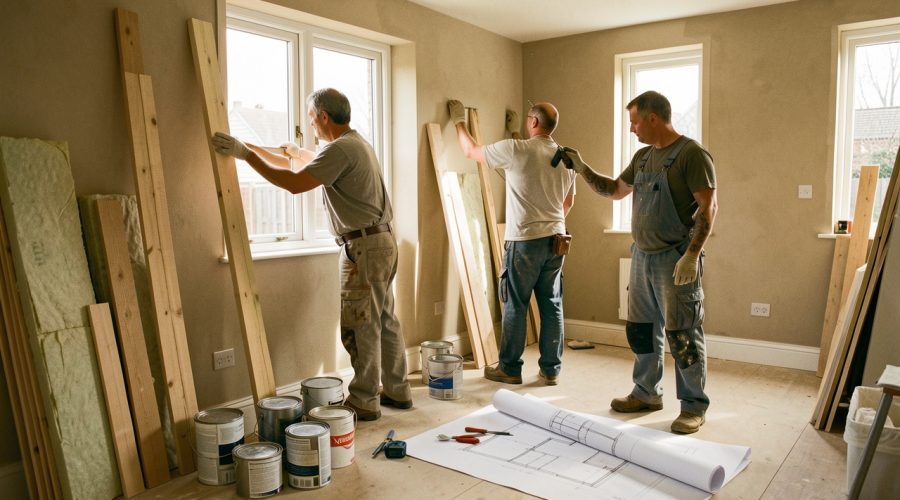 Intérieur d’une maison en rénovation avec deux artisans, des outils, des matériaux et des plans vierges éclairés par la lumière naturelle.