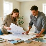 Un homme et une femme préparent ensemble un projet de rénovation dans une maison lumineuse, entourés de plans vierges, d’échantillons de matériaux et d’un mètre ruban.