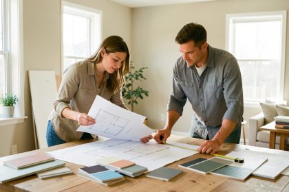 Un homme et une femme préparent ensemble un projet de rénovation dans une maison lumineuse, entourés de plans vierges, d’échantillons de matériaux et d’un mètre ruban.