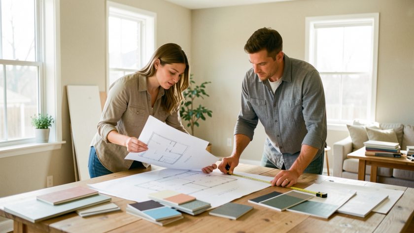 Un homme et une femme préparent ensemble un projet de rénovation dans une maison lumineuse, entourés de plans vierges, d’échantillons de matériaux et d’un mètre ruban.