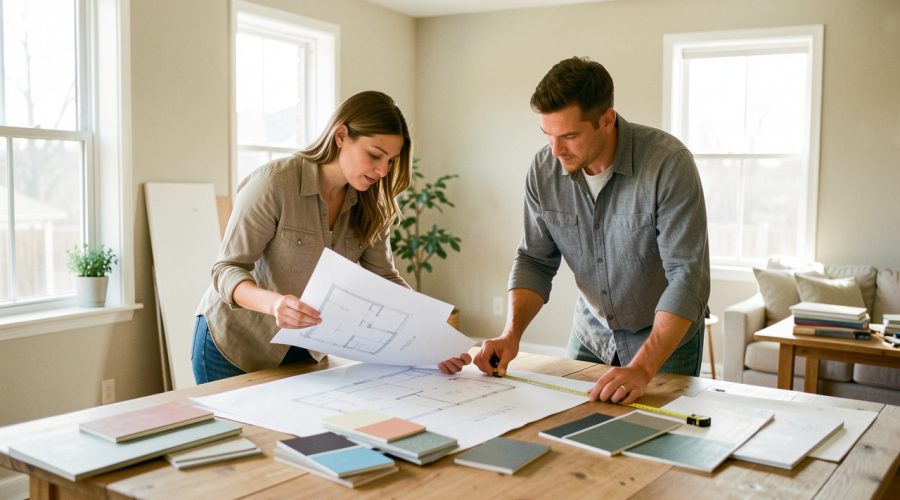 Un homme et une femme préparent ensemble un projet de rénovation dans une maison lumineuse, entourés de plans vierges, d’échantillons de matériaux et d’un mètre ruban.