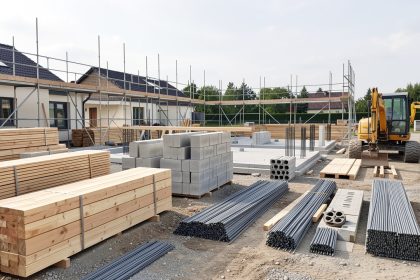 Chantier de construction résidentielle de gros œuvre, propre et organisé, avec matériaux rangés, coffrages, échafaudages et engins éclairés par la lumière naturelle.