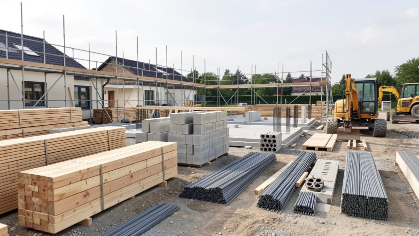 Chantier de construction résidentielle de gros œuvre, propre et organisé, avec matériaux rangés, coffrages, échafaudages et engins éclairés par la lumière naturelle.