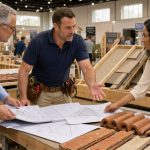 Un couvreur échange avec un homme et une femme sur un stand de salon de l’habitat, entouré de plans de toiture et d’échantillons de tuiles, dans une ambiance professionnelle et lumineuse.