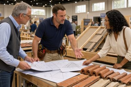 Un couvreur échange avec un homme et une femme sur un stand de salon de l’habitat, entouré de plans de toiture et d’échantillons de tuiles, dans une ambiance professionnelle et lumineuse.