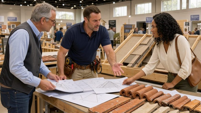 Un couvreur échange avec un homme et une femme sur un stand de salon de l’habitat, entouré de plans de toiture et d’échantillons de tuiles, dans une ambiance professionnelle et lumineuse.
