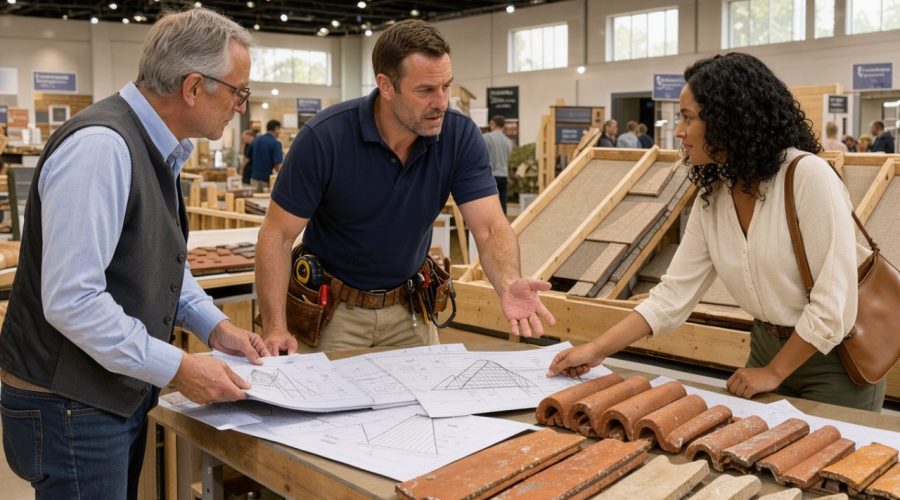 Un couvreur échange avec un homme et une femme sur un stand de salon de l’habitat, entouré de plans de toiture et d’échantillons de tuiles, dans une ambiance professionnelle et lumineuse.