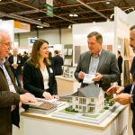Une femme et un homme échangent avec deux artisans sur des projets de rénovation parmi des stands lumineux et des échantillons de matériaux.