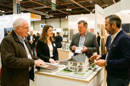 Une femme et un homme échangent avec deux artisans sur des projets de rénovation parmi des stands lumineux et des échantillons de matériaux.