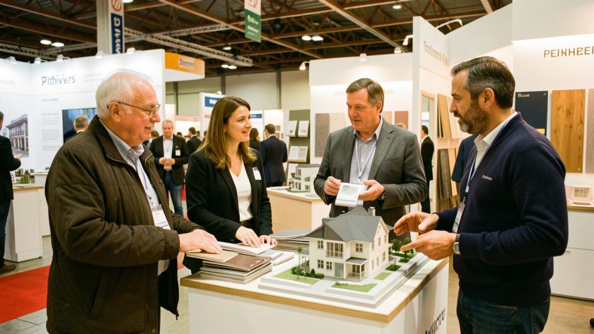 Une femme et un homme échangent avec deux artisans sur des projets de rénovation parmi des stands lumineux et des échantillons de matériaux.