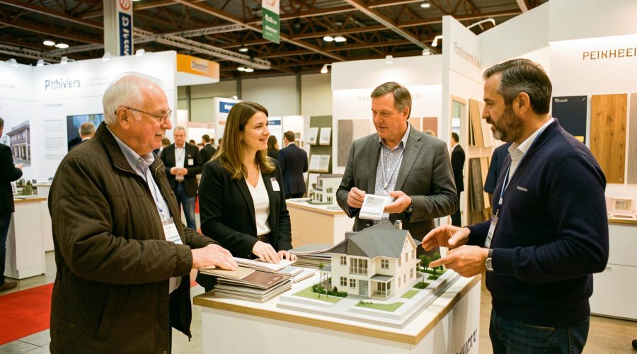 Une femme et un homme échangent avec deux artisans sur des projets de rénovation parmi des stands lumineux et des échantillons de matériaux.